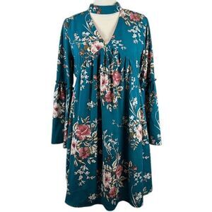 Altar'd State Floral Teal Long Sleeve Dress Empire Waist Bell Sleeves Size Small